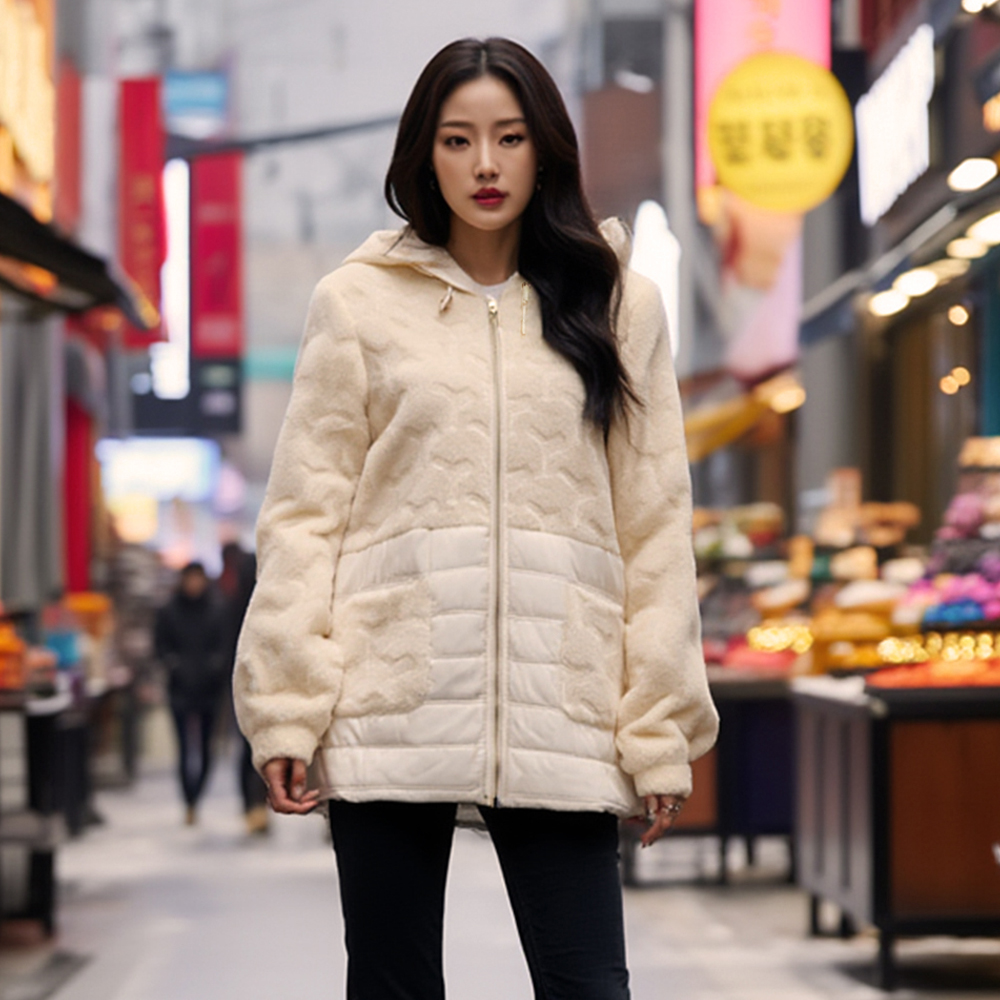 暖絨壓紋拼接連帽外套