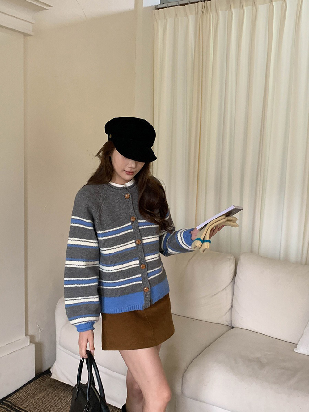 撞色條紋圓領針織外套