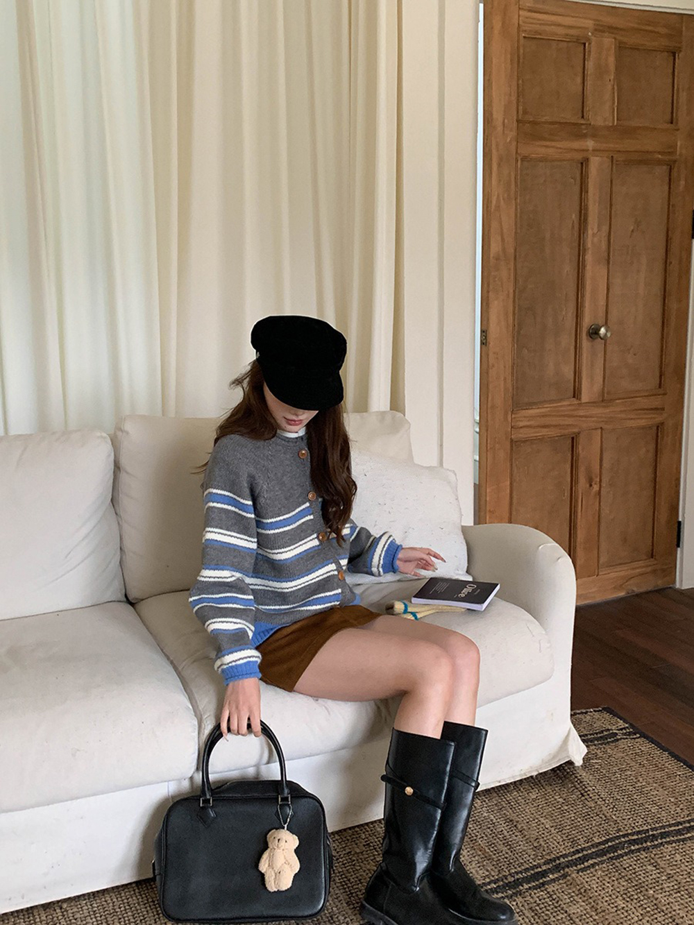 撞色條紋圓領針織外套