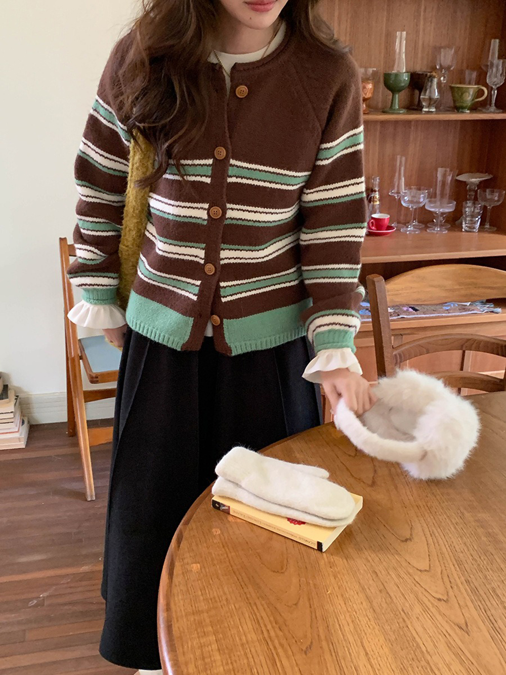 撞色條紋圓領針織外套