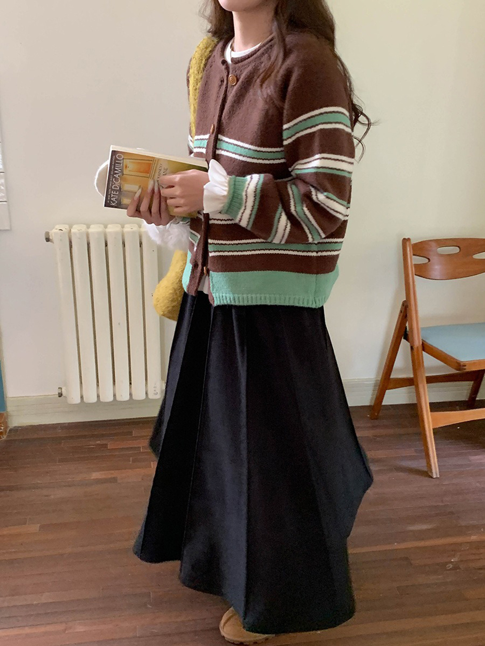 撞色條紋圓領針織外套