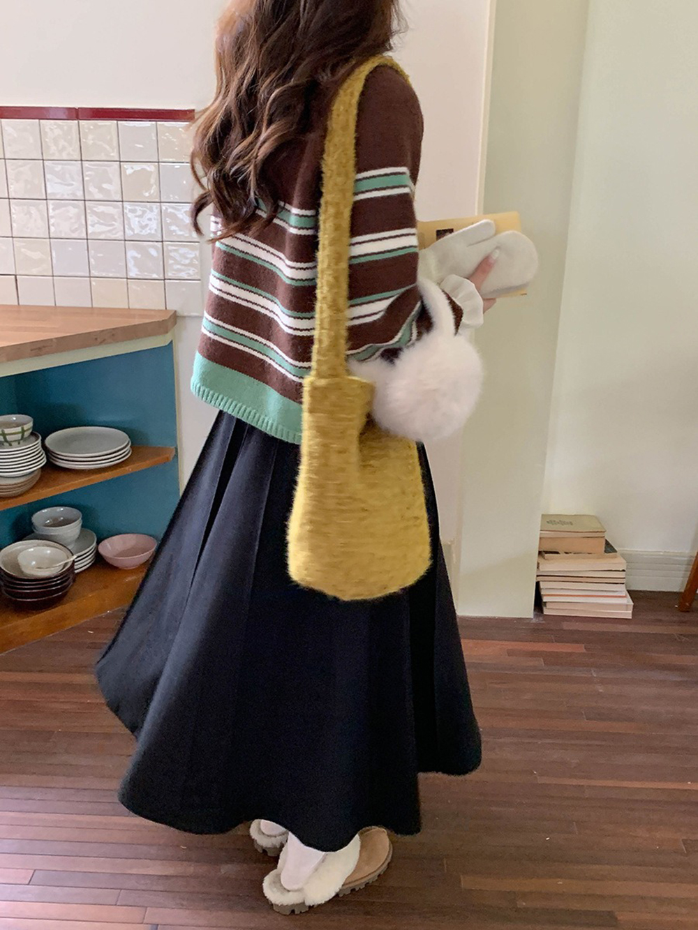 撞色條紋圓領針織外套