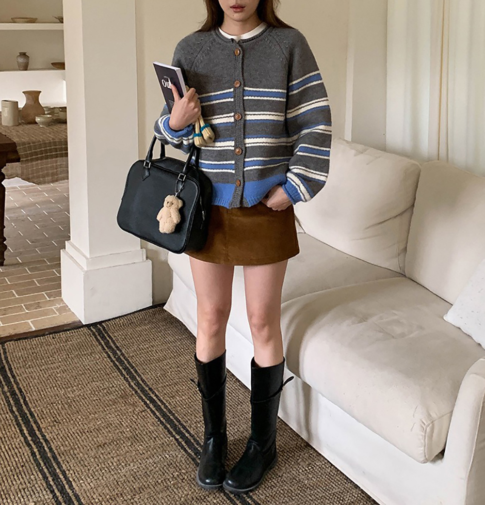 撞色條紋圓領針織外套