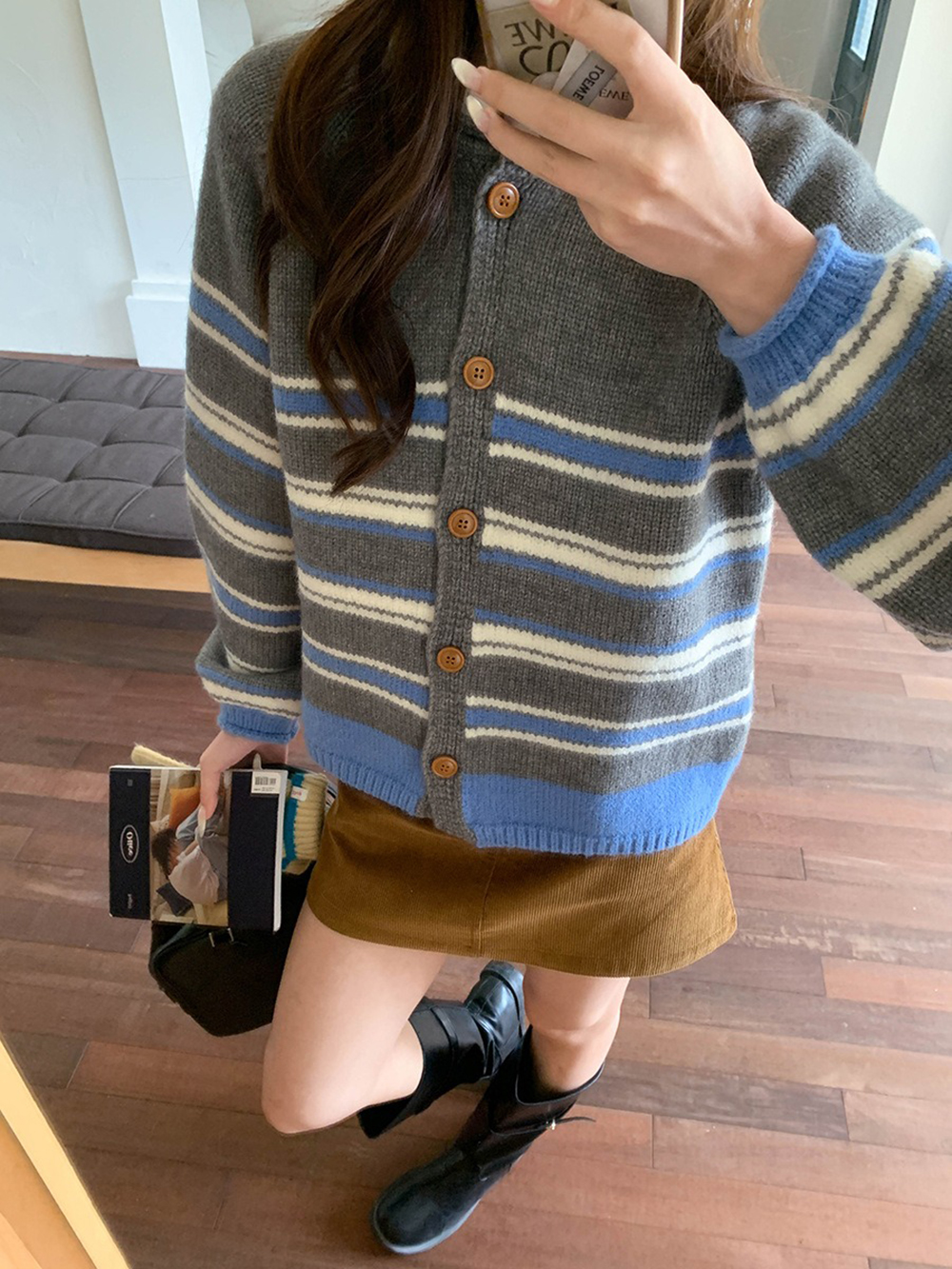 撞色條紋圓領針織外套