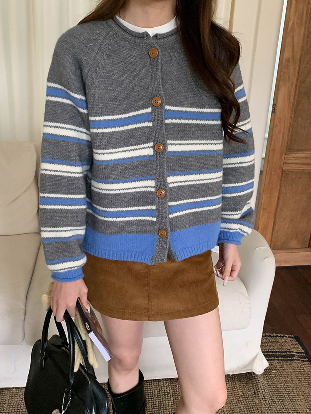 撞色條紋圓領針織外套