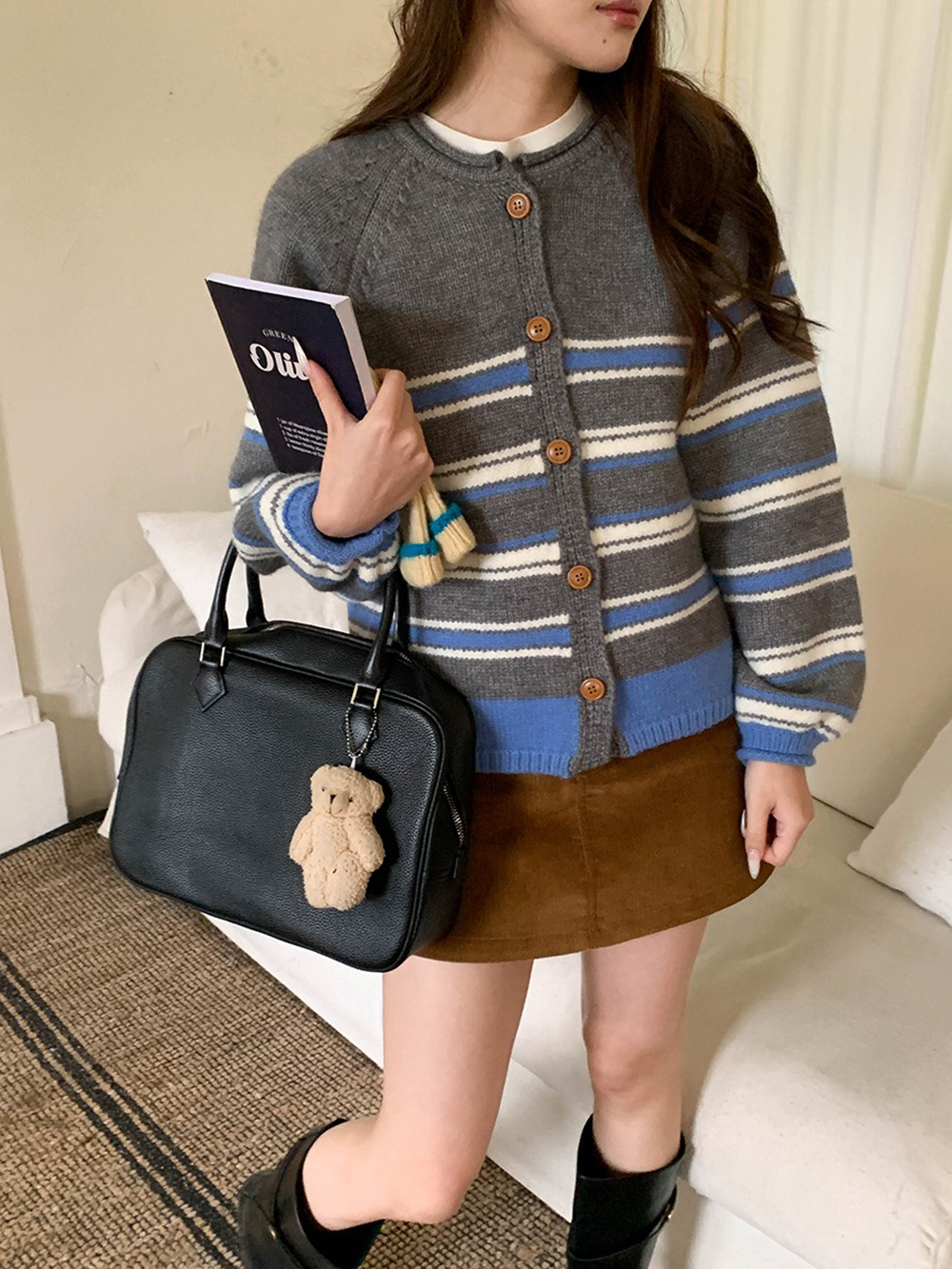 撞色條紋圓領針織外套