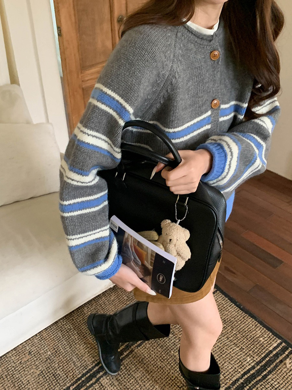 撞色條紋圓領針織外套