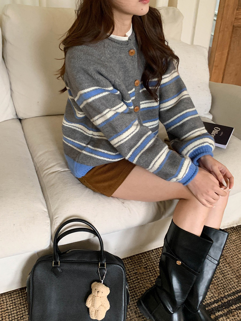 撞色條紋圓領針織外套