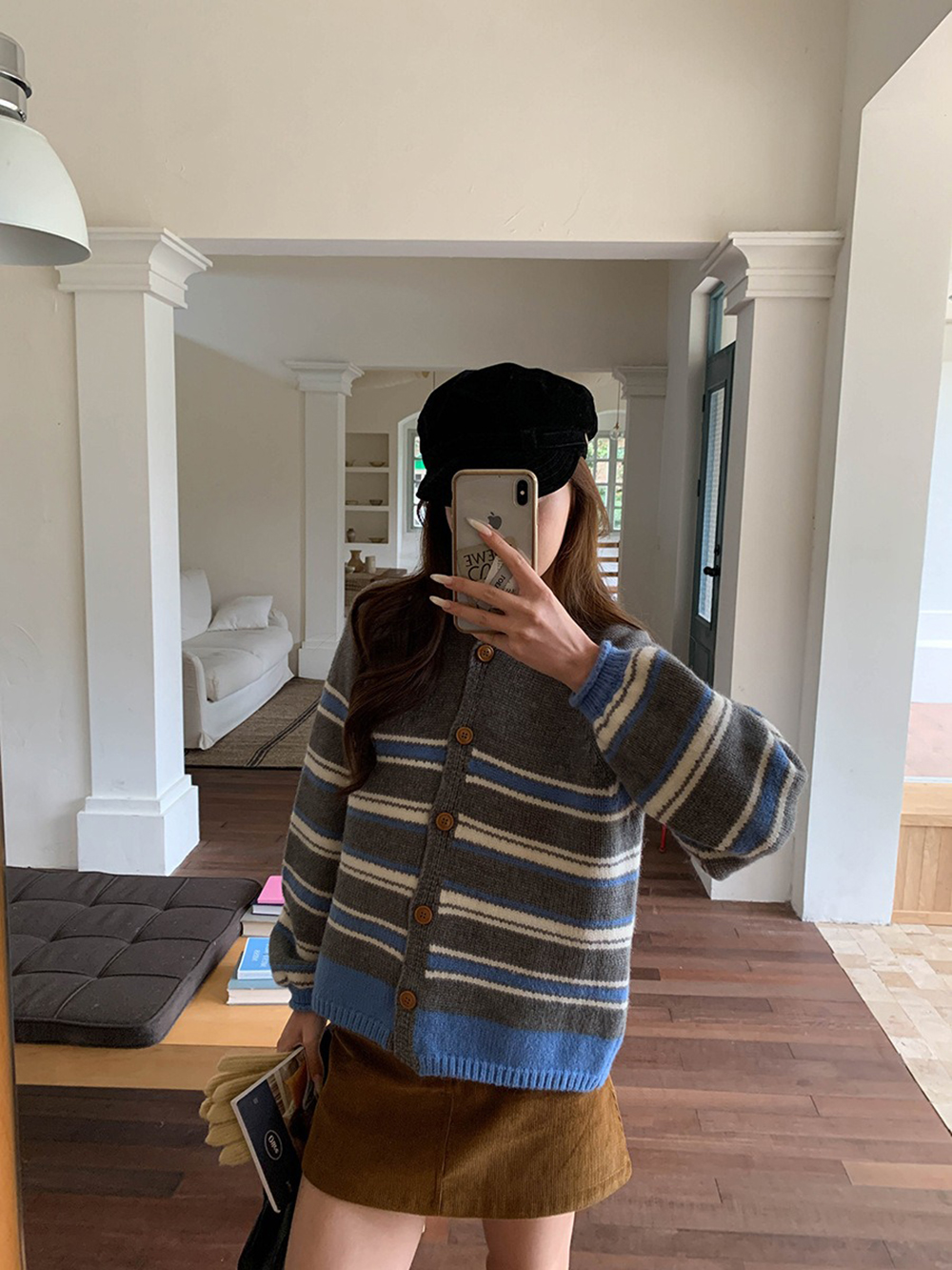 撞色條紋圓領針織外套