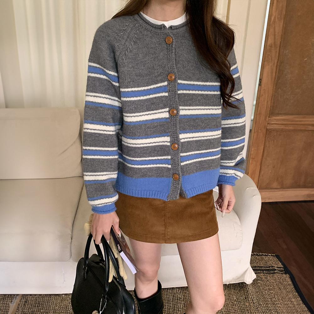 撞色條紋圓領針織外套