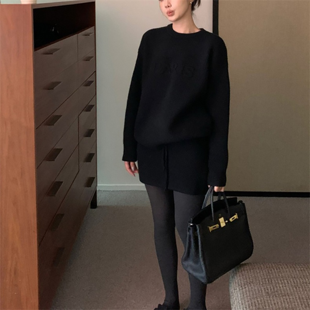 字母壓印針織短裙套裝