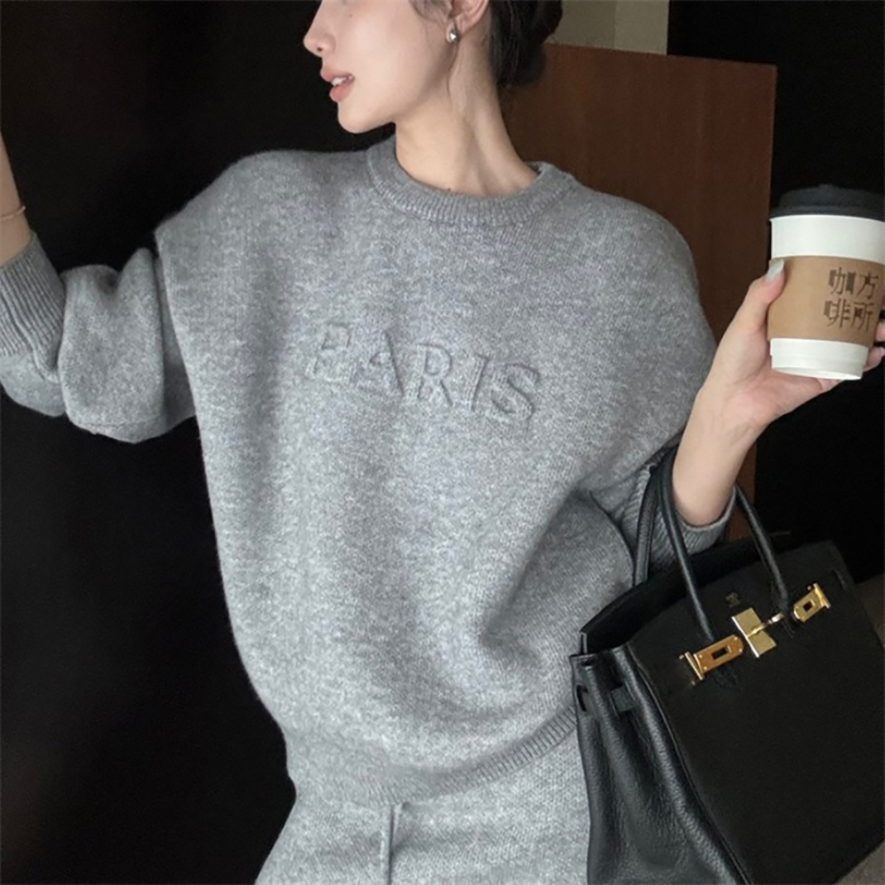 字母壓印針織短裙套裝