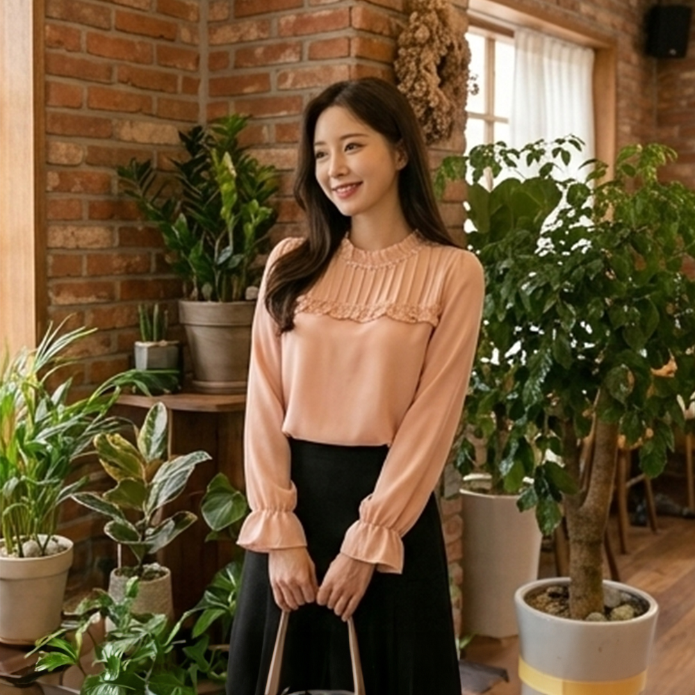 珍珠綴飾荷葉飾邊上衣