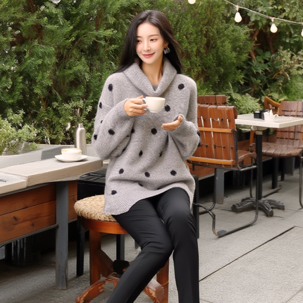 圓點長毛衣圍巾兩件套