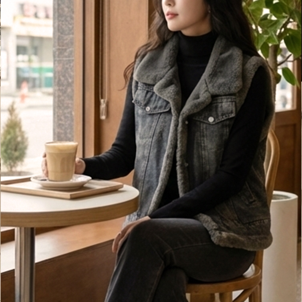 丹寧牛仔毛絨背心外套