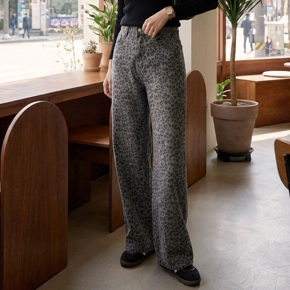 質感灰系豹紋直筒寬褲