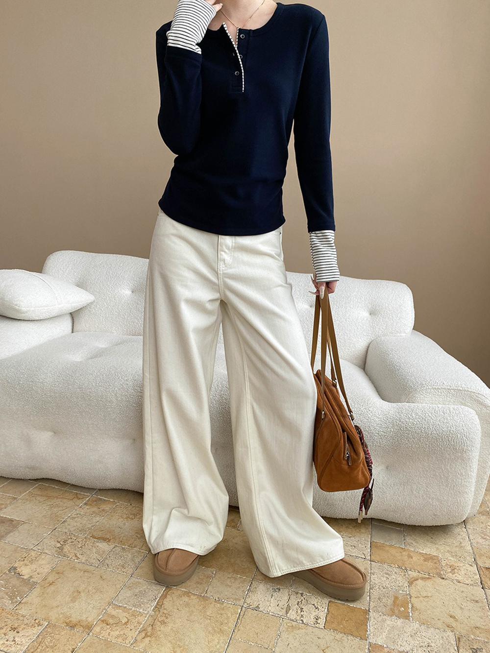 側抓皺條紋拼接上衣