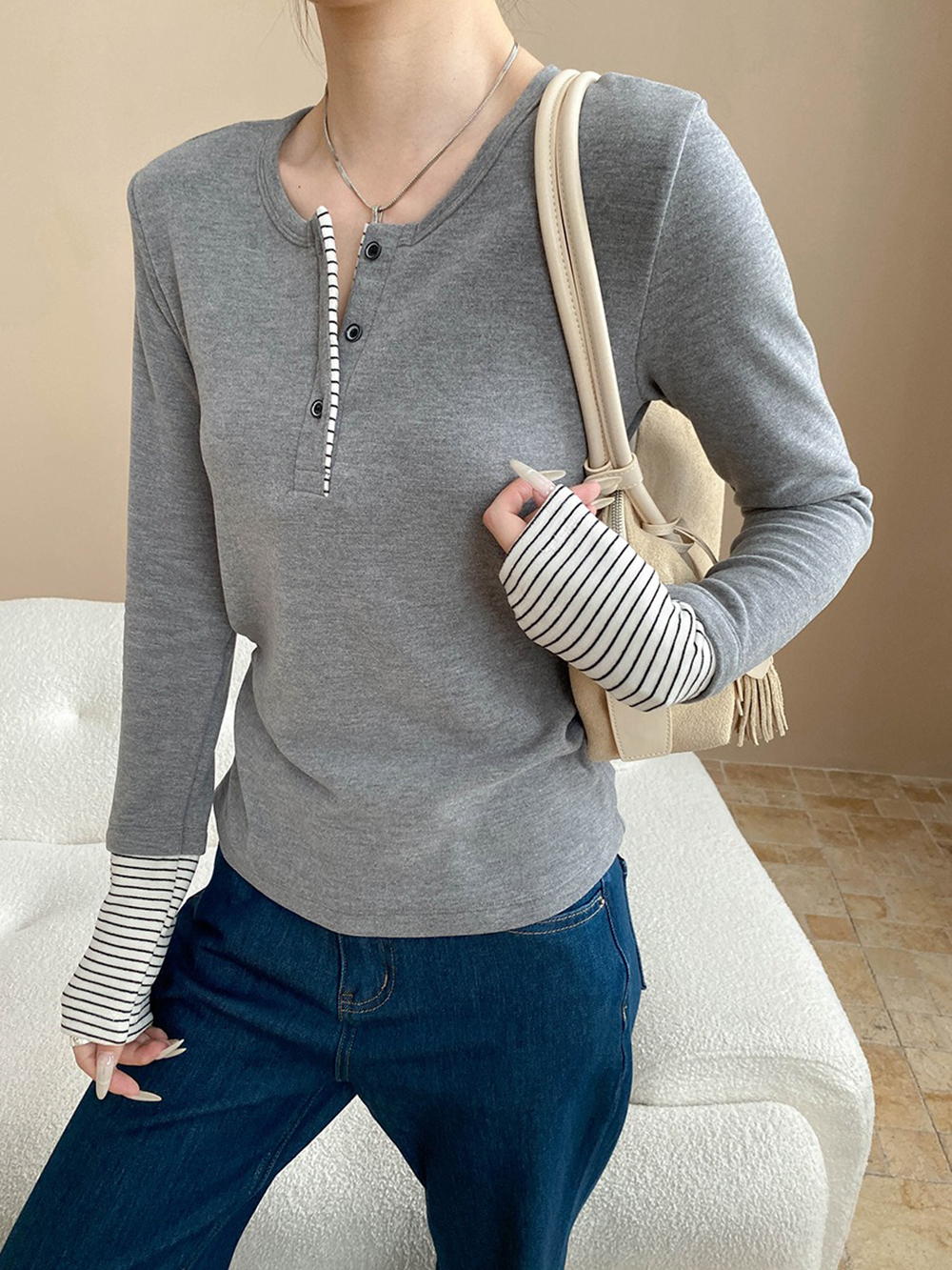 側抓皺條紋拼接上衣