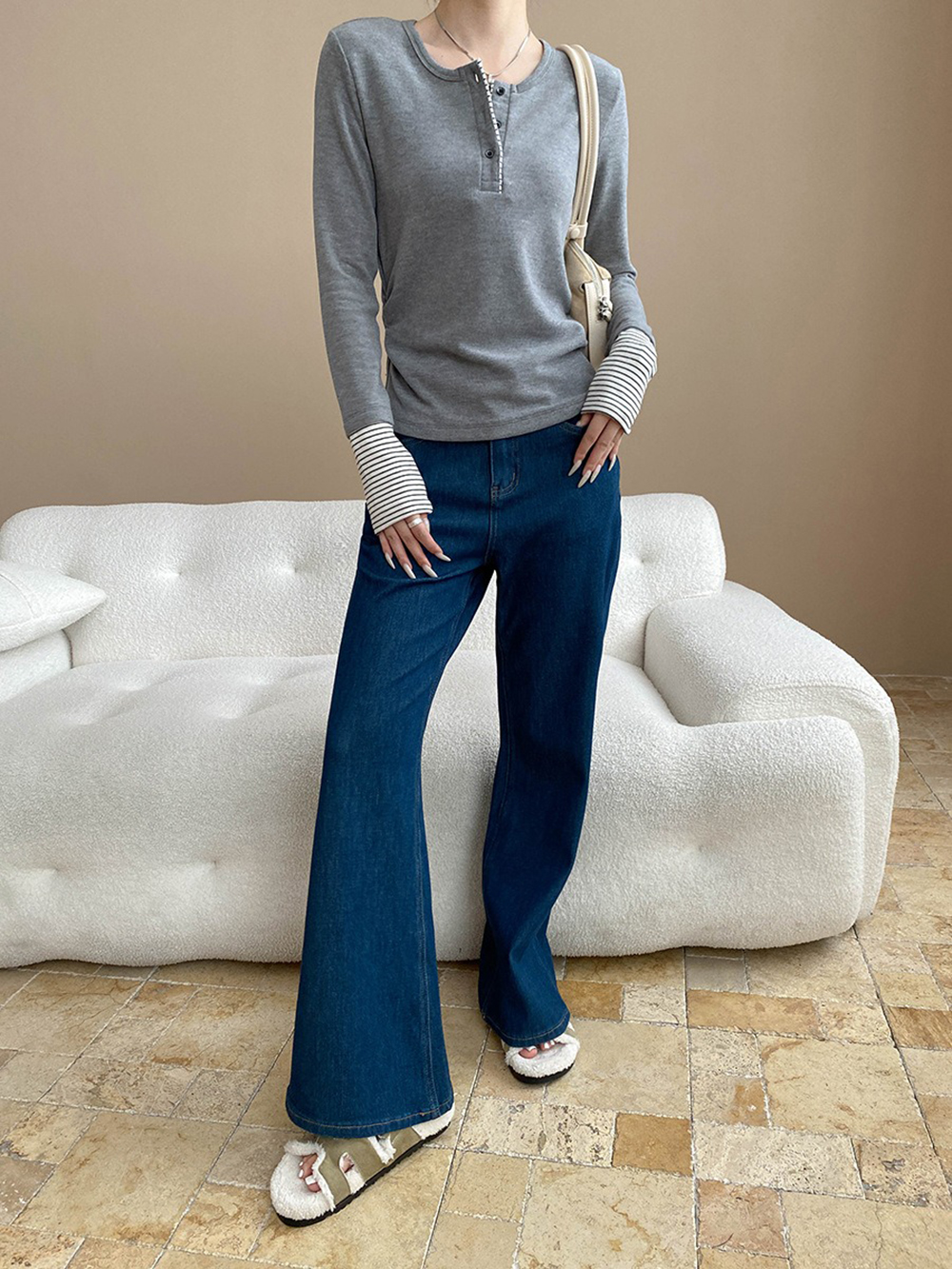 側抓皺條紋拼接上衣