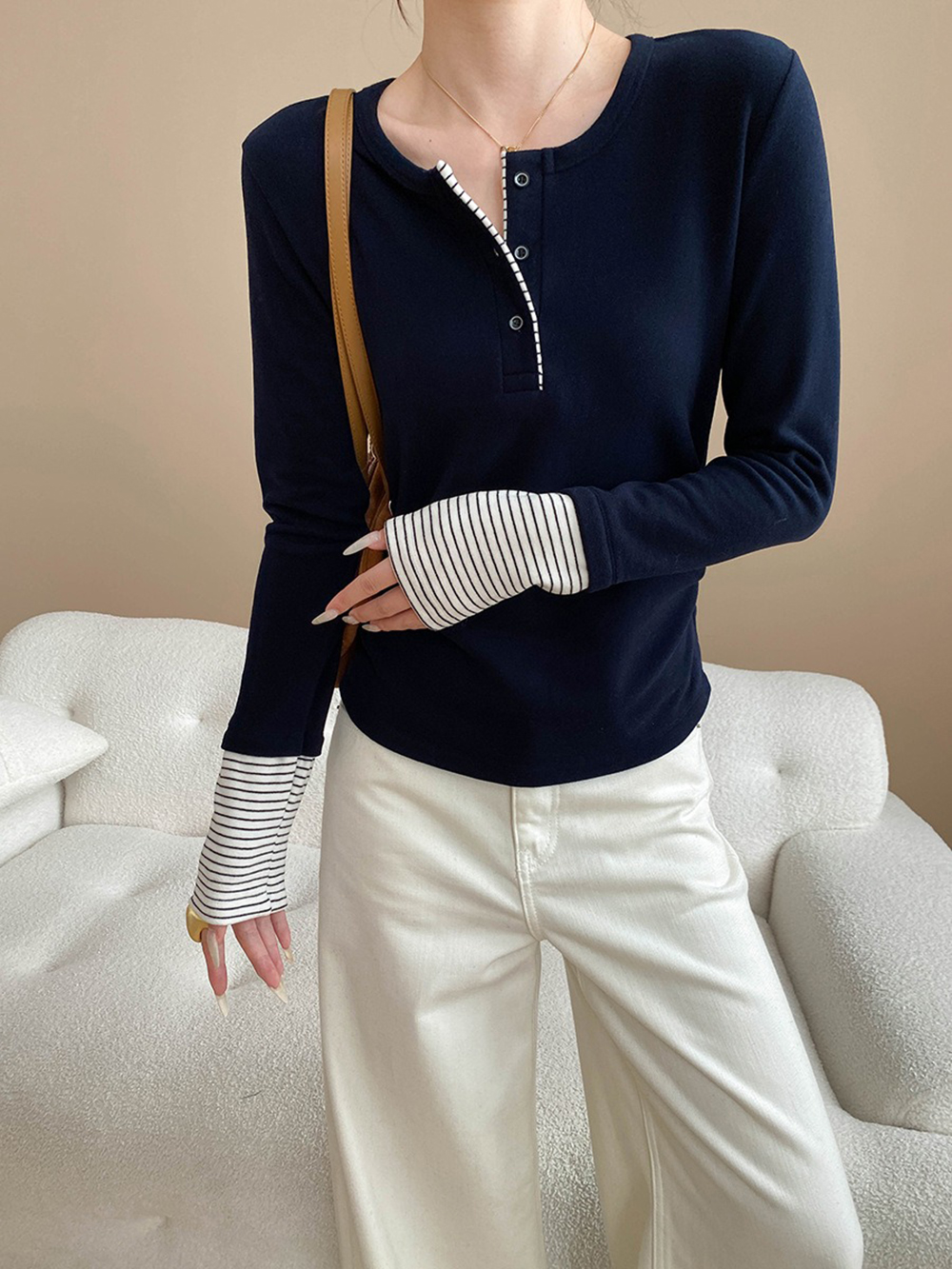 側抓皺條紋拼接上衣