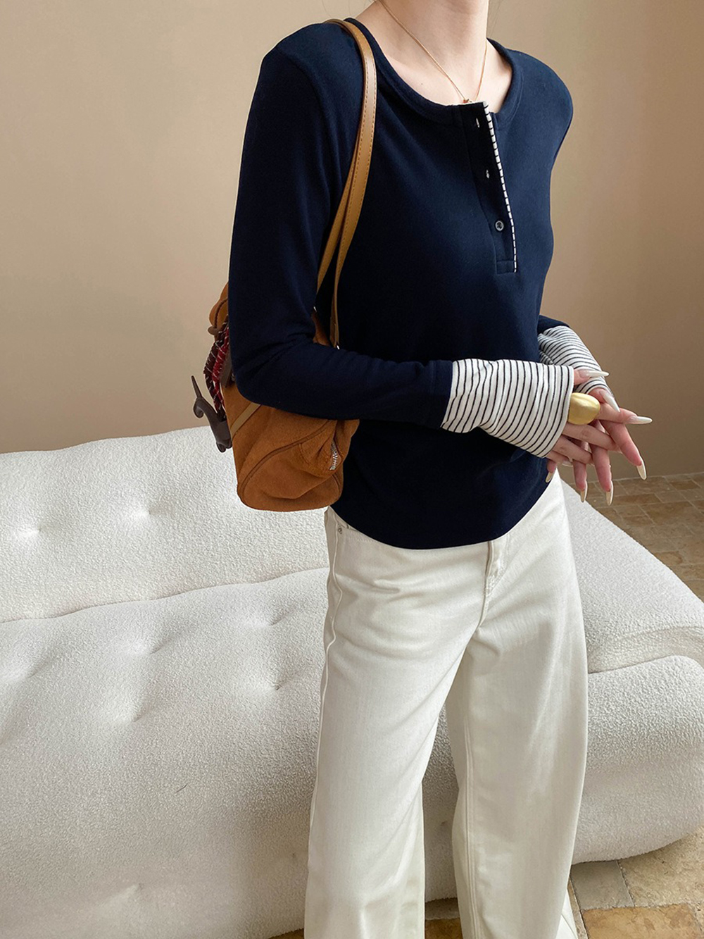 側抓皺條紋拼接上衣
