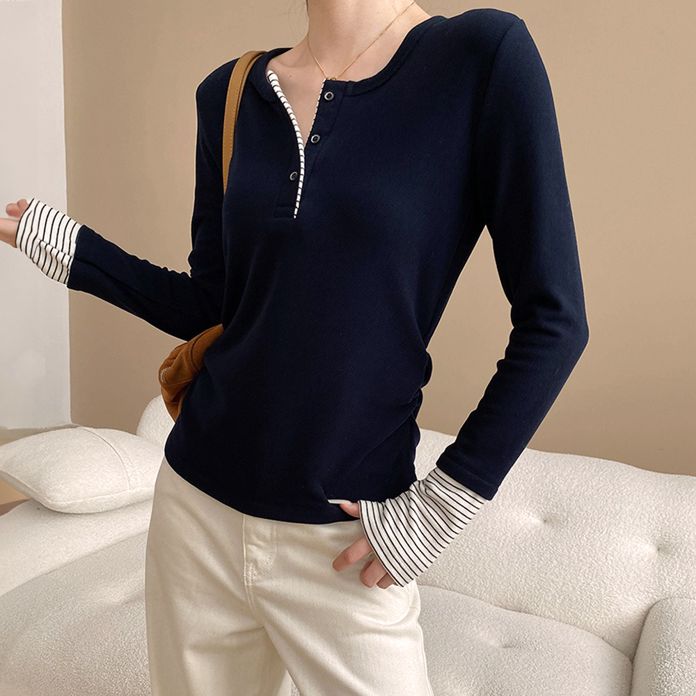 側抓皺條紋拼接上衣