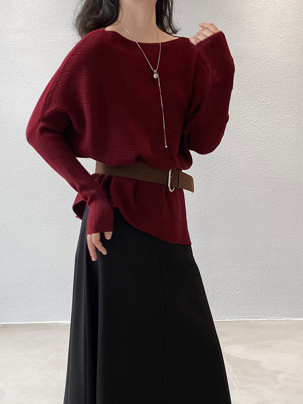 斜肩針織蝙蝠袖上衣