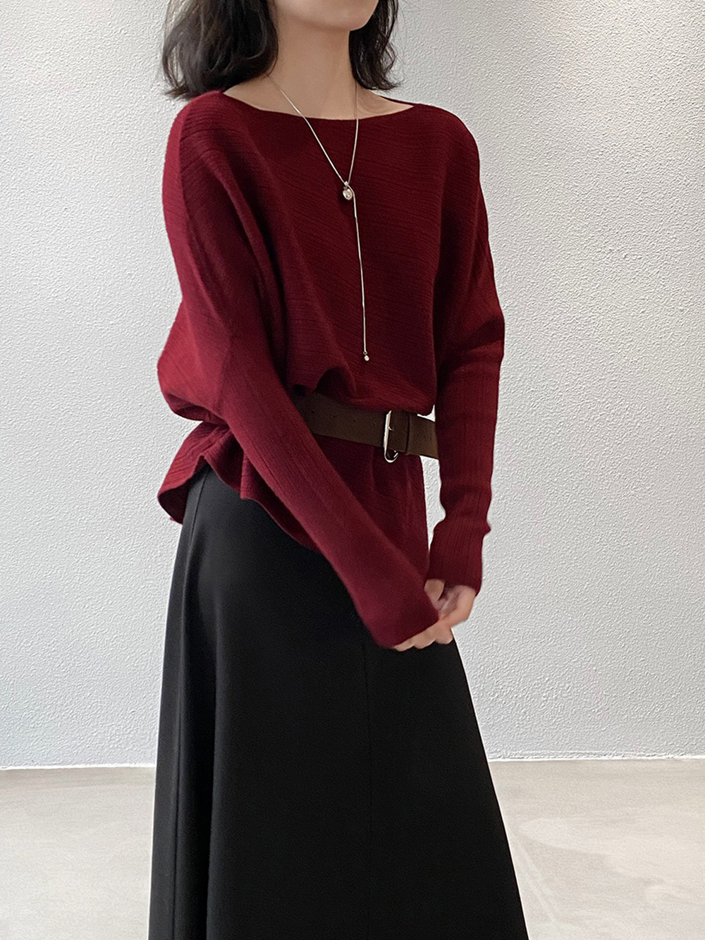 斜肩針織蝙蝠袖上衣