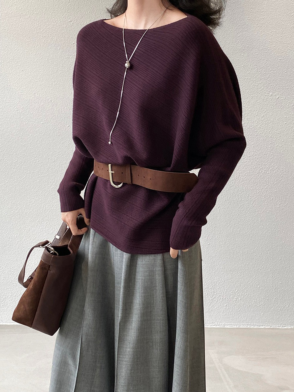 斜肩針織蝙蝠袖上衣