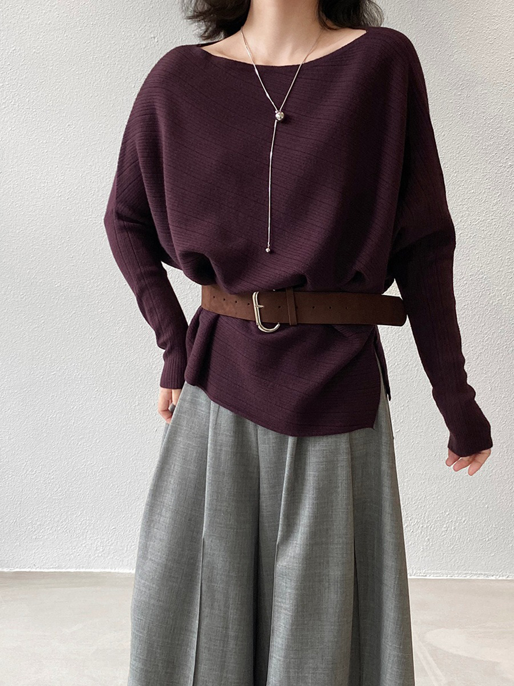 斜肩針織蝙蝠袖上衣