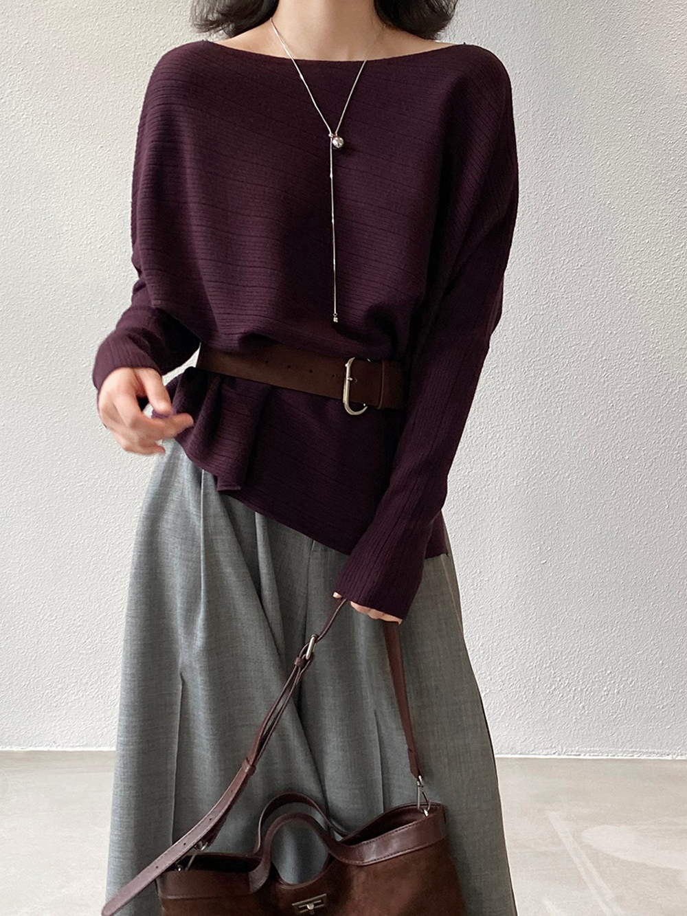 斜肩針織蝙蝠袖上衣