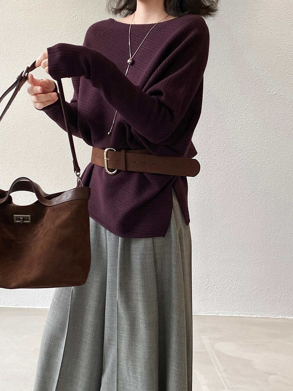 斜肩針織蝙蝠袖上衣