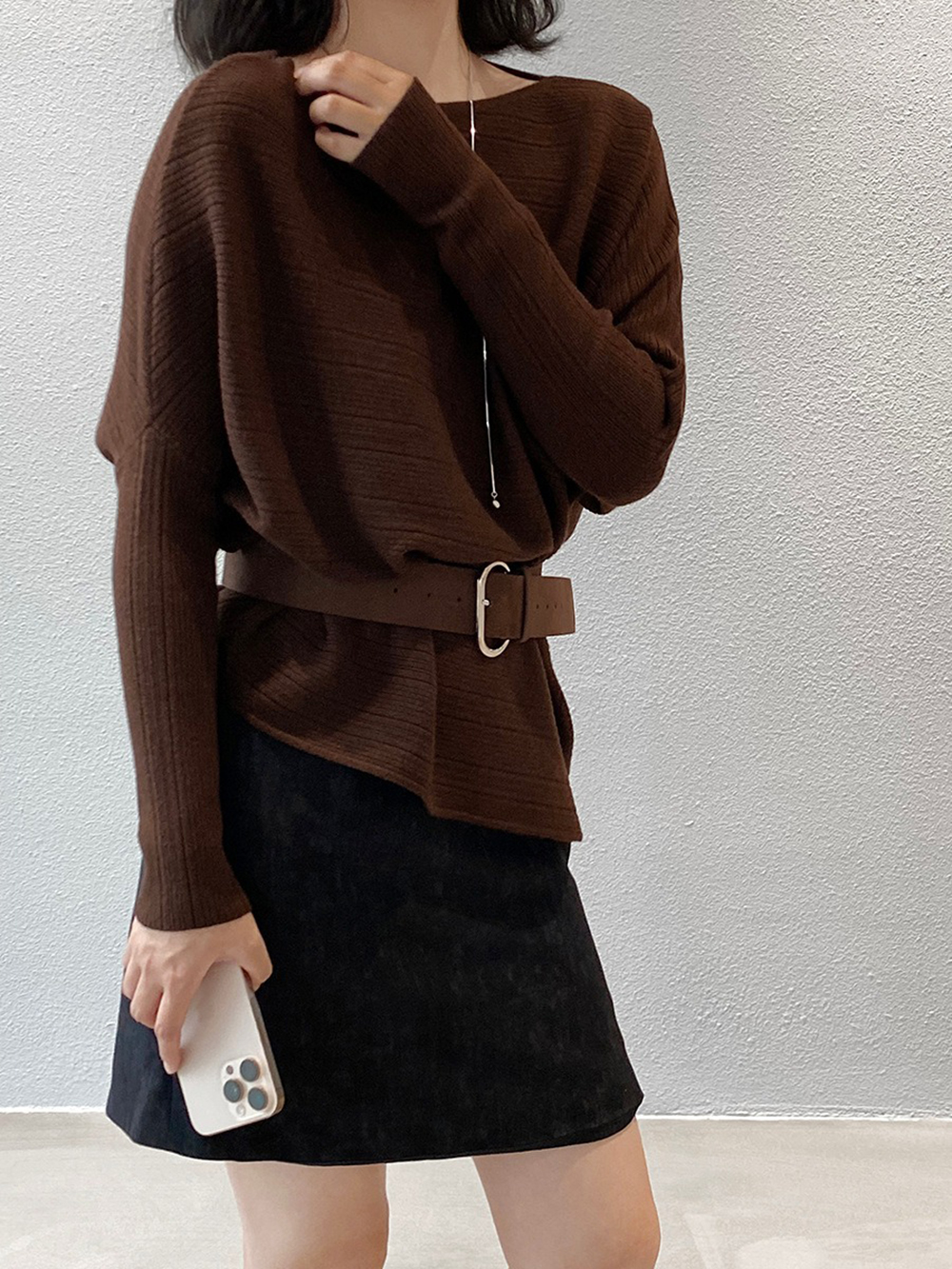 斜肩針織蝙蝠袖上衣