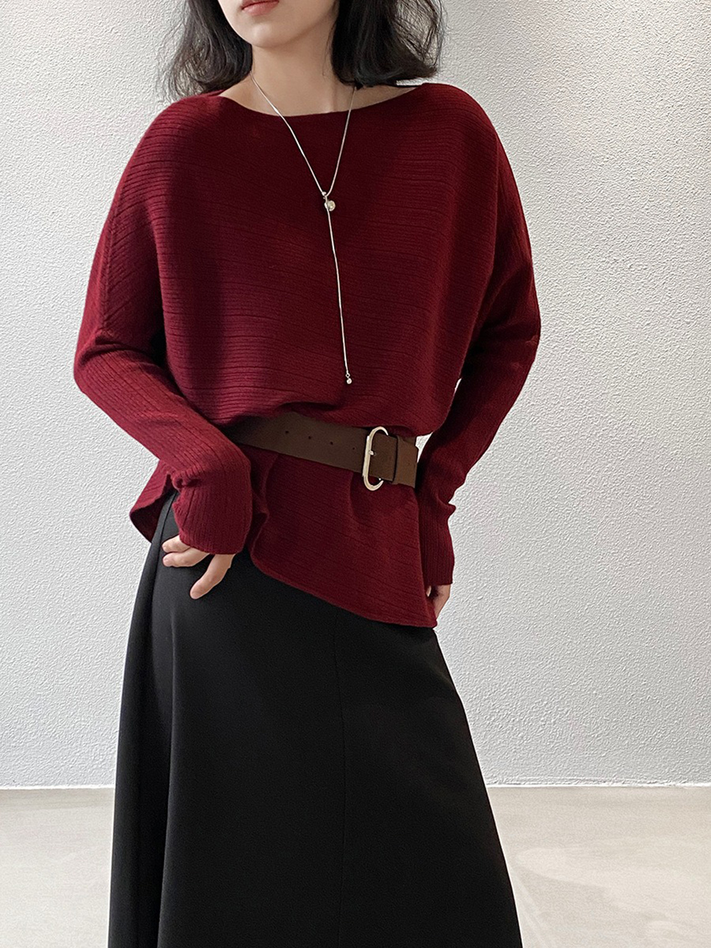 斜肩針織蝙蝠袖上衣
