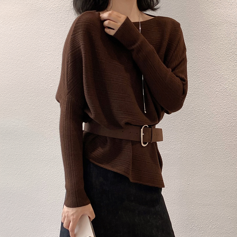 斜肩針織蝙蝠袖上衣