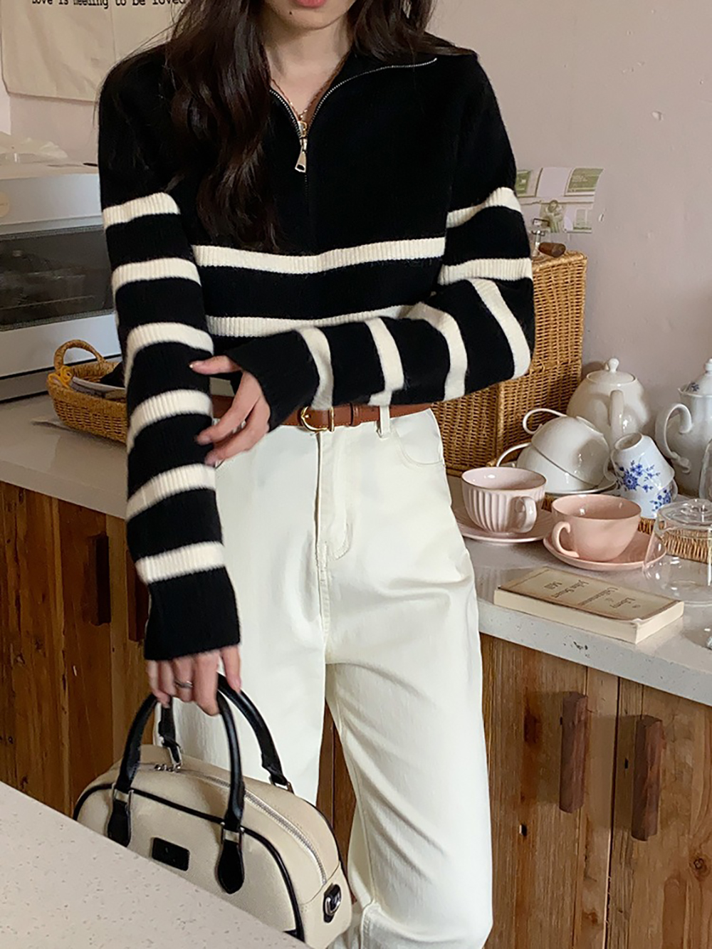 拉鍊翻領條紋針織上衣