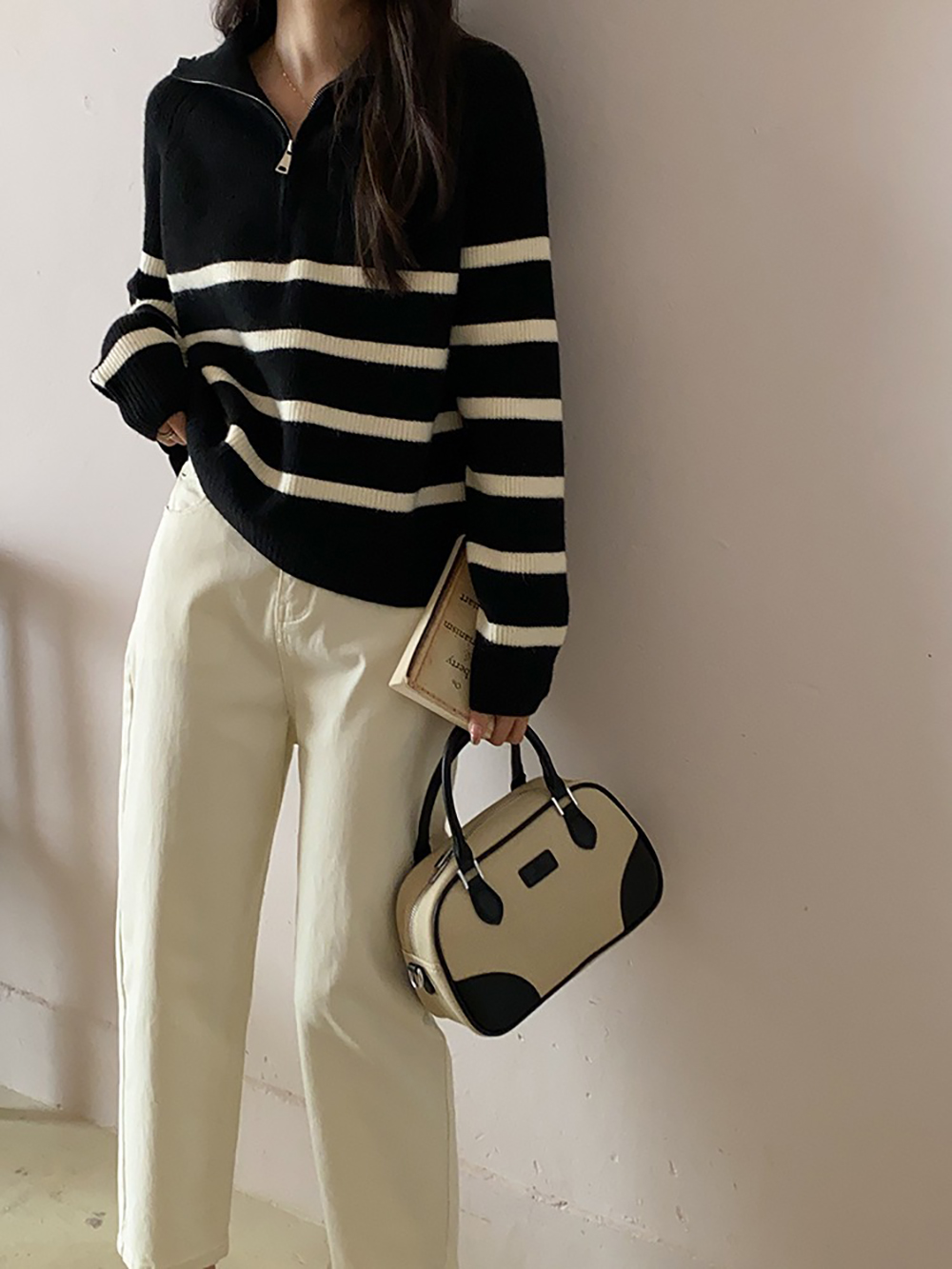 拉鍊翻領條紋針織上衣