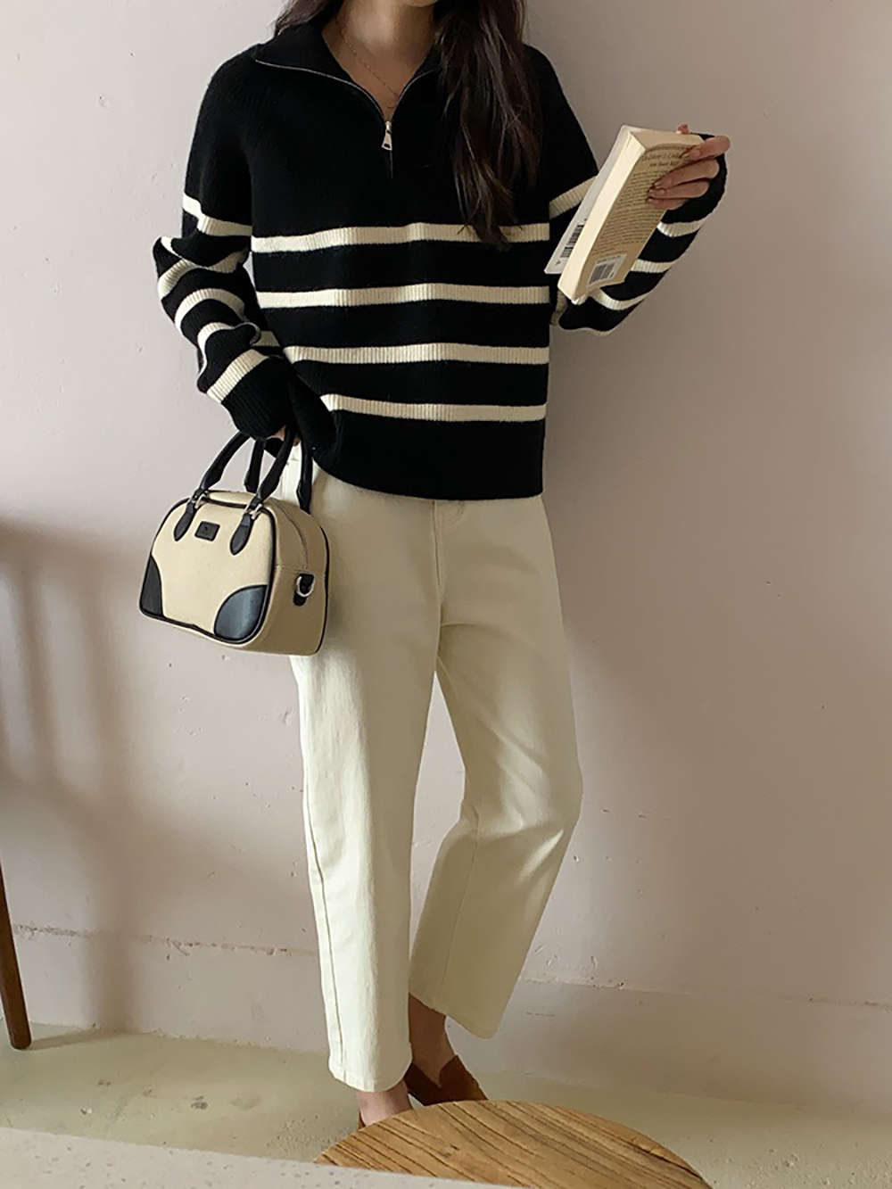 拉鍊翻領條紋針織上衣