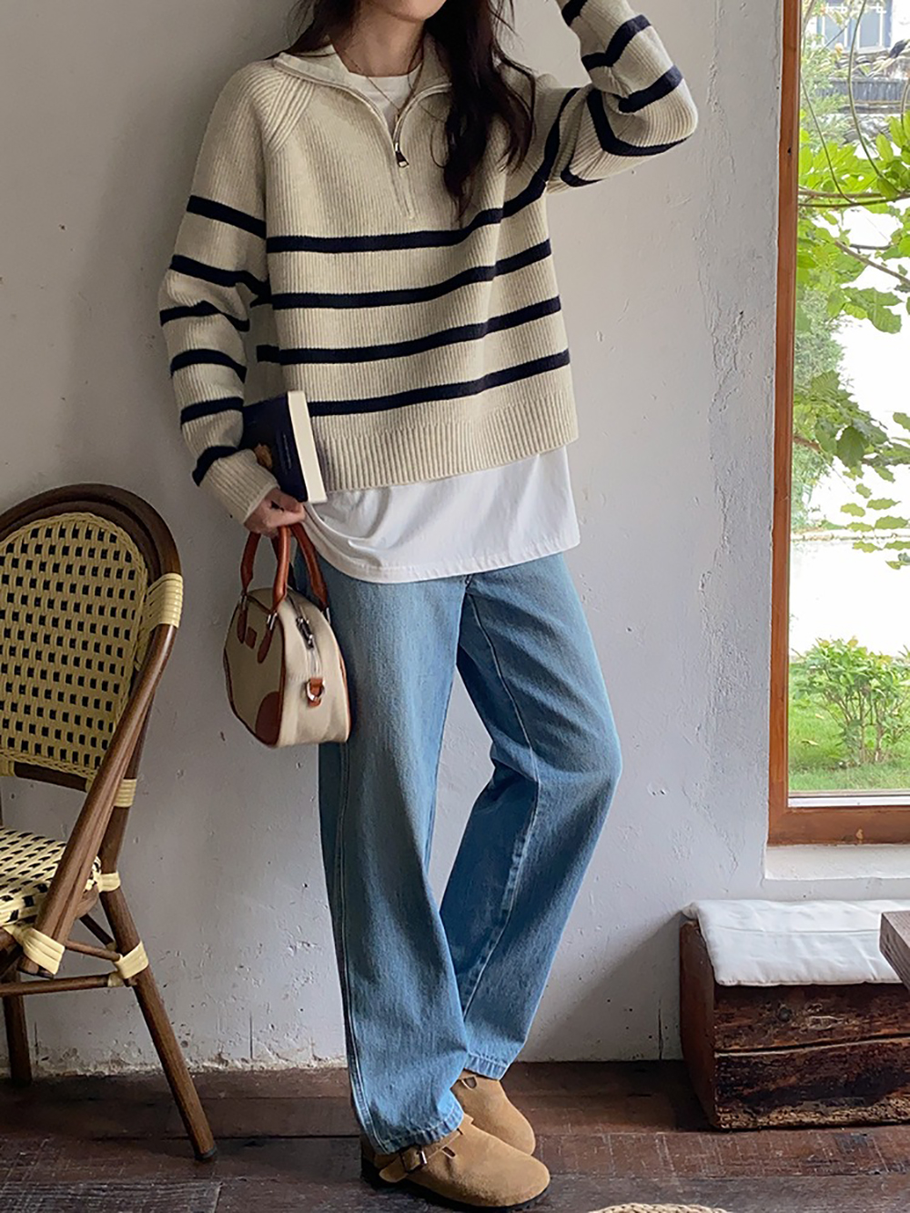 拉鍊翻領條紋針織上衣