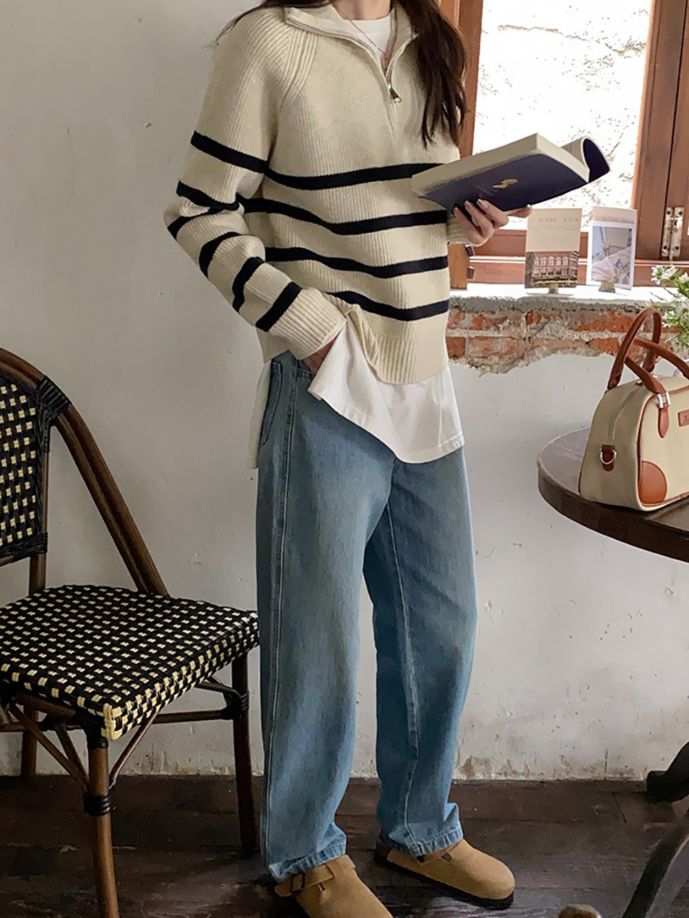 拉鍊翻領條紋針織上衣