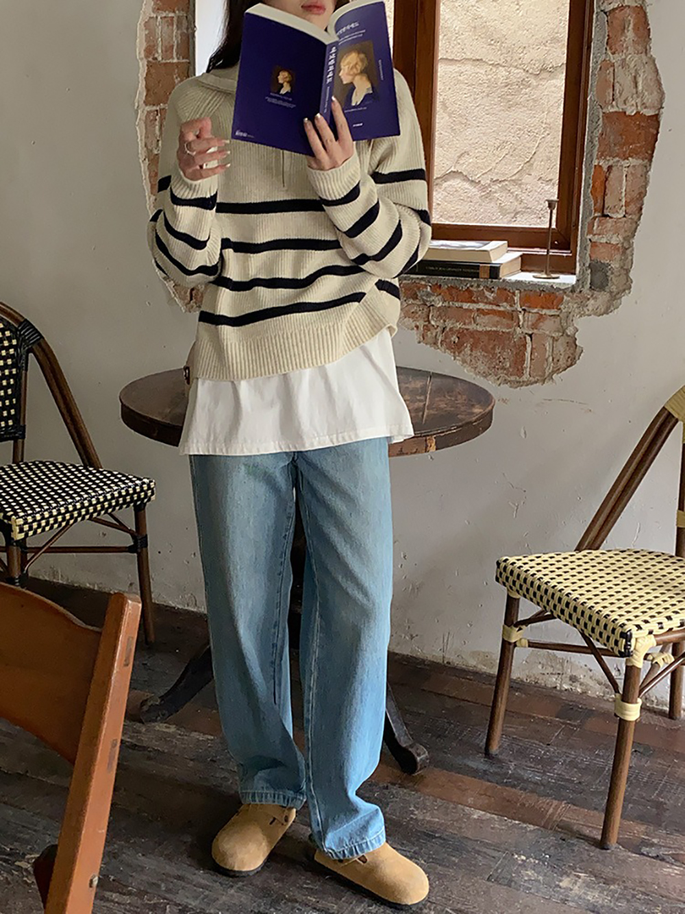 拉鍊翻領條紋針織上衣