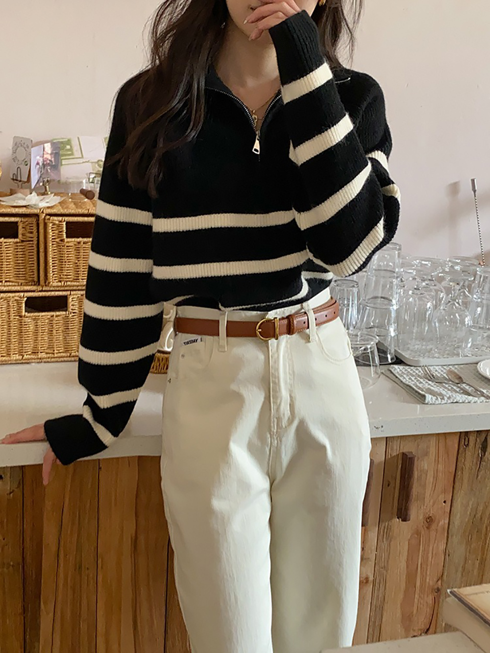 拉鍊翻領條紋針織上衣