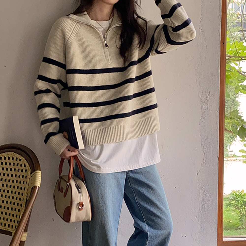 拉鍊翻領條紋針織上衣