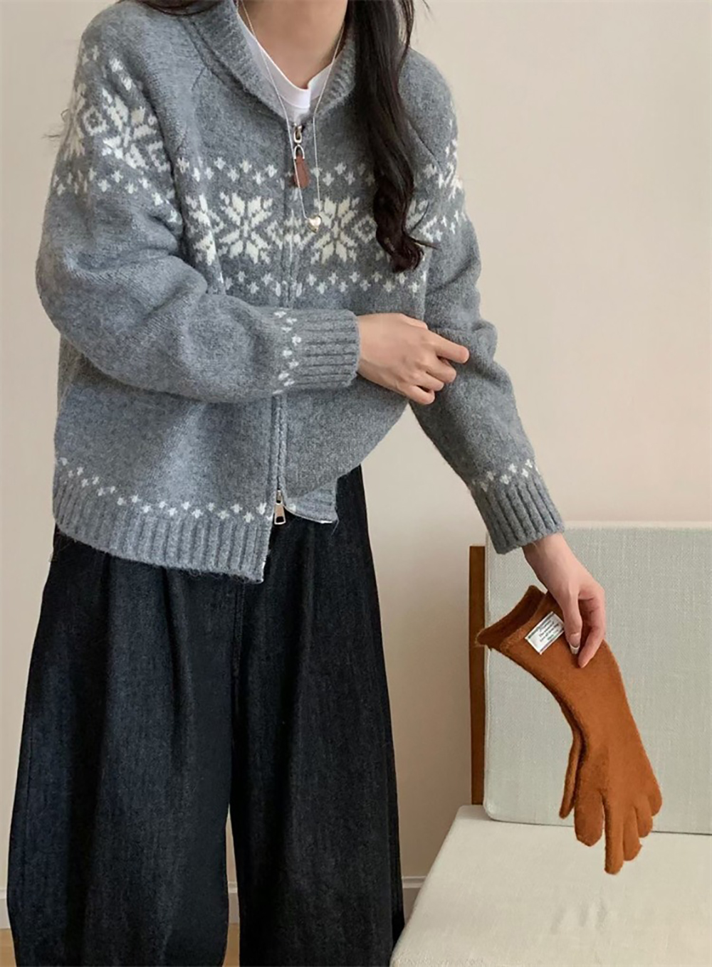 別緻提花拉鍊針織上衣