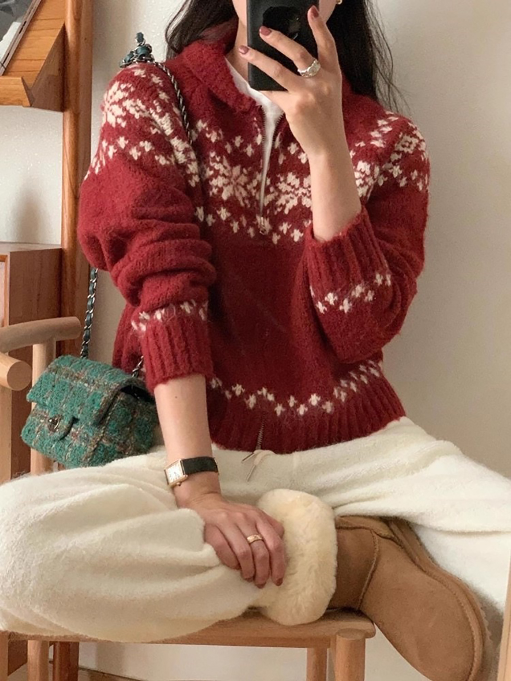 別緻提花拉鍊針織上衣