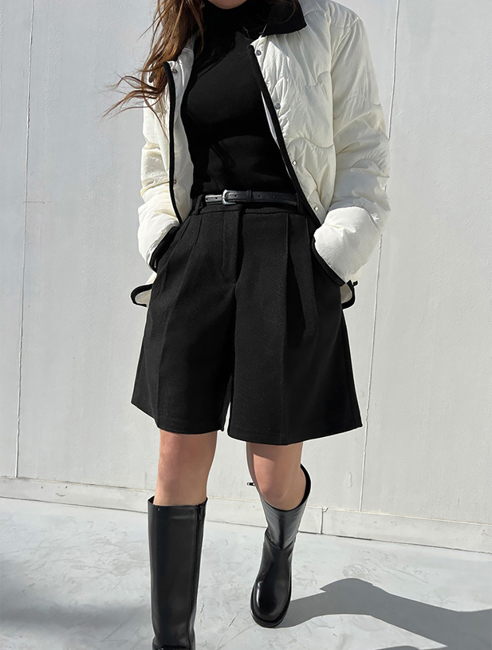 簡約高腰壓褶毛呢短褲