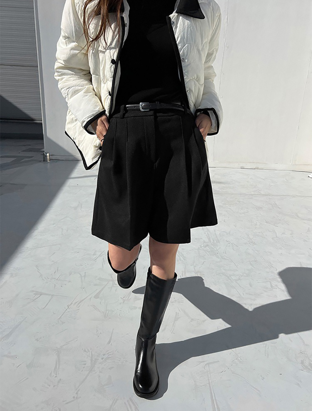 簡約高腰壓褶毛呢短褲