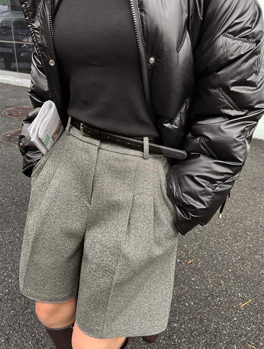 簡約高腰壓褶毛呢短褲