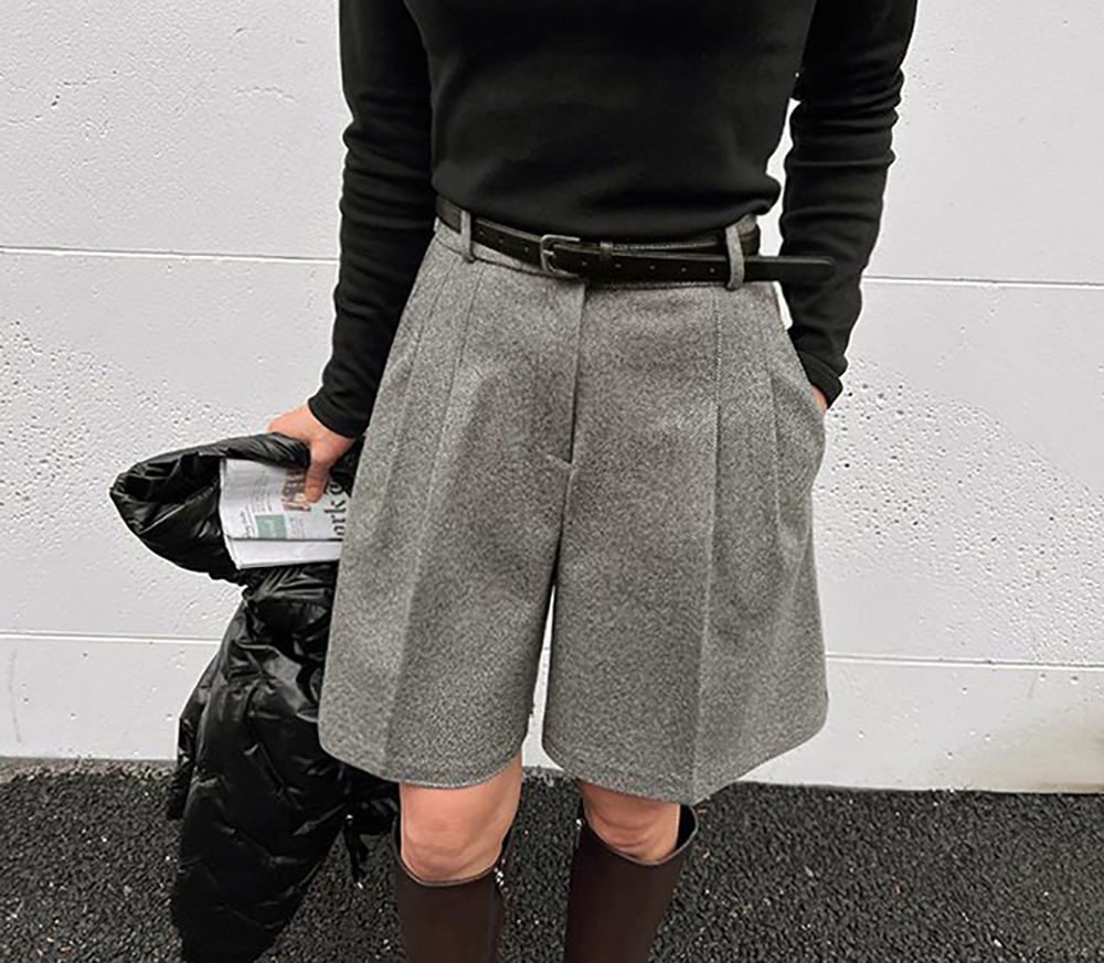 簡約高腰壓褶毛呢短褲