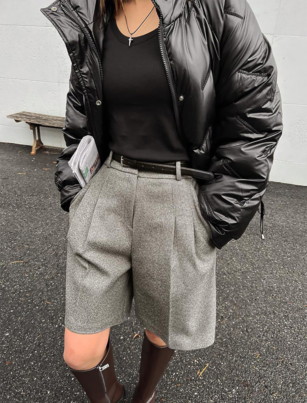 簡約高腰壓褶毛呢短褲